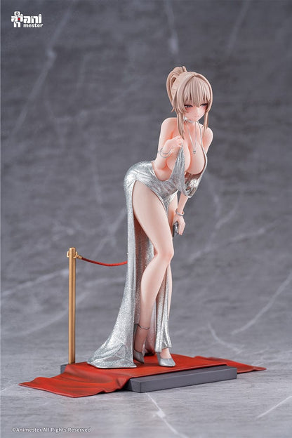 “Original Character Erin (Dress Ver.) 1/6 scale figure—blonde woman in shimmering silver gown with high slit, clutch and heels, posed on red-carpet base with stanchions.”