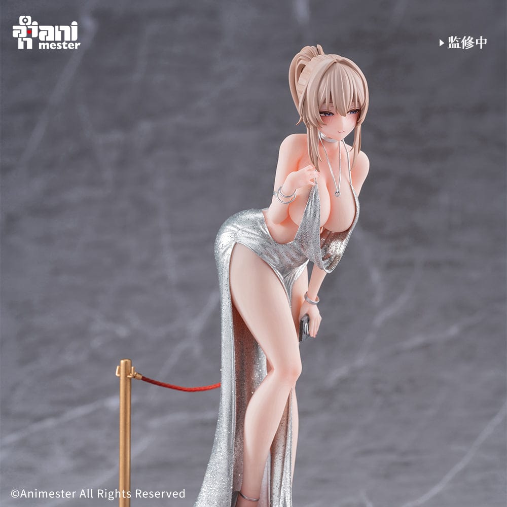 “Original Character Erin (Dress Ver.) 1/6 scale figure—blonde woman in shimmering silver gown with high slit, clutch and heels, posed on red-carpet base with stanchions.”