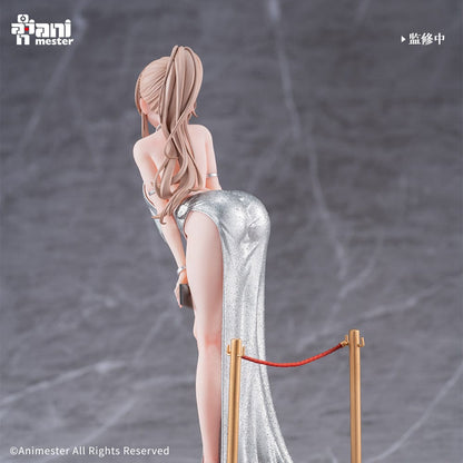 “Original Character Erin (Dress Ver.) 1/6 scale figure—blonde woman in shimmering silver gown with high slit, clutch and heels, posed on red-carpet base with stanchions.”