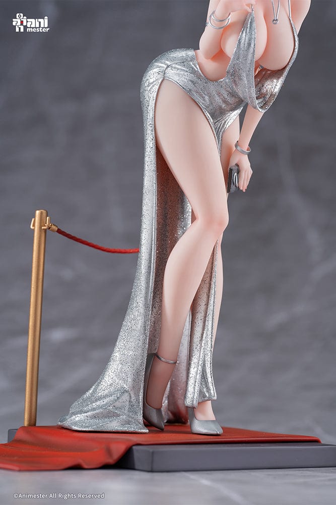 “Original Character Erin (Dress Ver.) 1/6 scale figure—blonde woman in shimmering silver gown with high slit, clutch and heels, posed on red-carpet base with stanchions.”