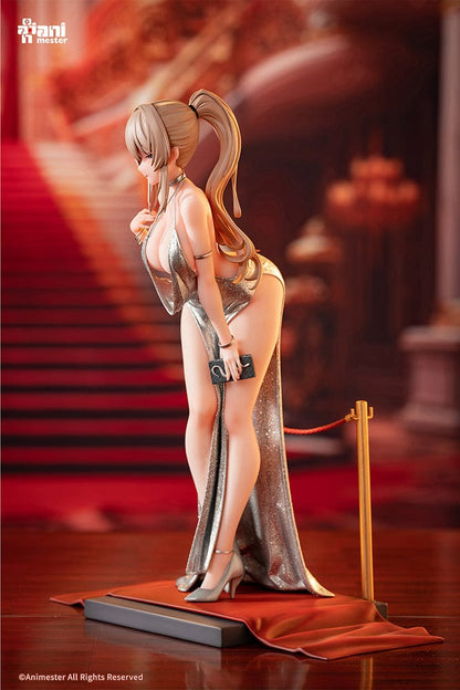 “Original Character Erin (Dress Ver.) 1/6 scale figure—blonde woman in shimmering silver gown with high slit, clutch and heels, posed on red-carpet base with stanchions.”