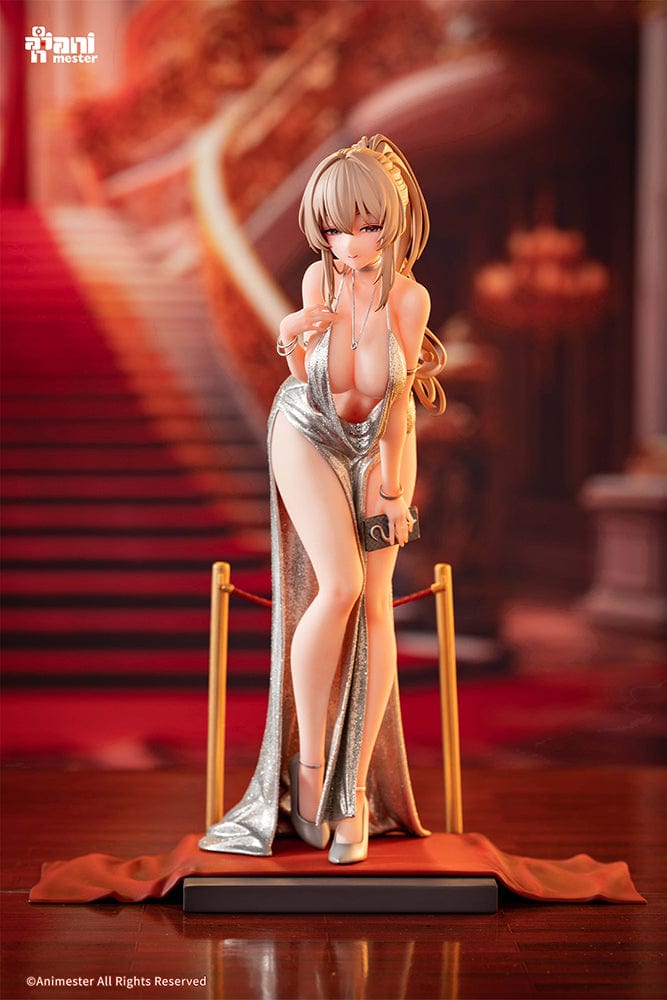 “Original Character Erin (Dress Ver.) 1/6 scale figure—blonde woman in shimmering silver gown with high slit, clutch and heels, posed on red-carpet base with stanchions.”