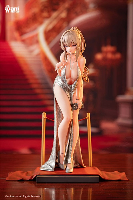 “Original Character Erin (Dress Ver.) 1/6 scale figure—blonde woman in shimmering silver gown with high slit, clutch and heels, posed on red-carpet base with stanchions.”