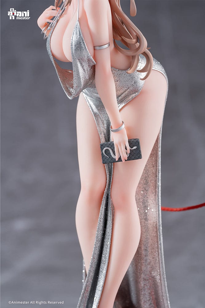 “Original Character Erin (Dress Ver.) 1/6 scale figure—blonde woman in shimmering silver gown with high slit, clutch and heels, posed on red-carpet base with stanchions.”