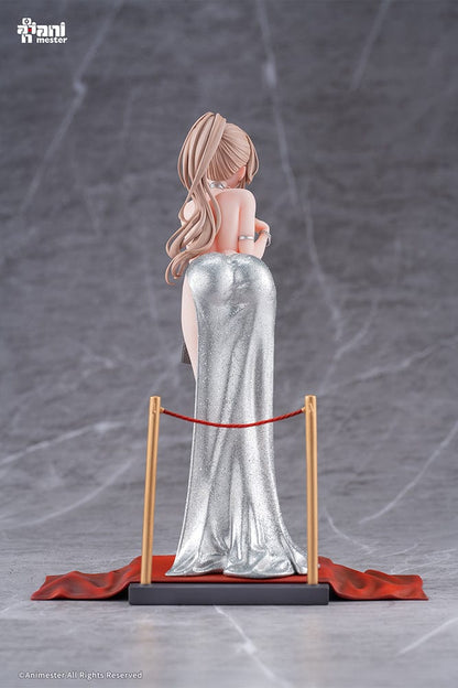 “Original Character Erin (Dress Ver.) 1/6 scale figure—blonde woman in shimmering silver gown with high slit, clutch and heels, posed on red-carpet base with stanchions.”
