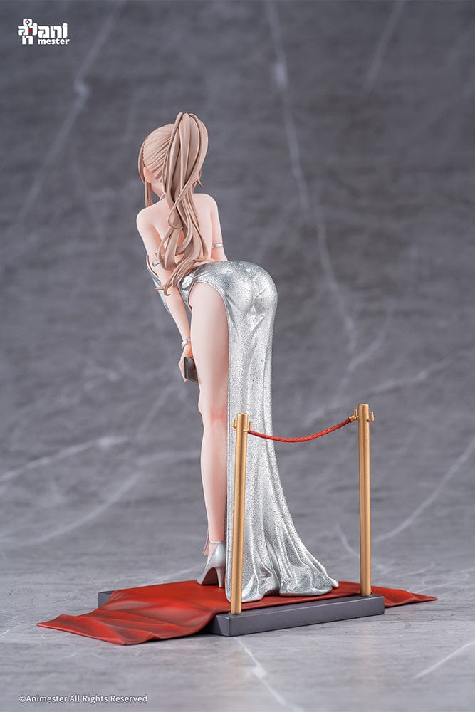 “Original Character Erin (Dress Ver.) 1/6 scale figure—blonde woman in shimmering silver gown with high slit, clutch and heels, posed on red-carpet base with stanchions.”