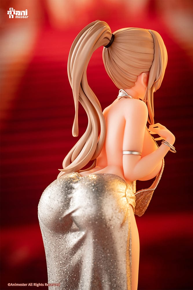 “Original Character Erin (Dress Ver.) 1/6 scale figure—blonde woman in shimmering silver gown with high slit, clutch and heels, posed on red-carpet base with stanchions.”