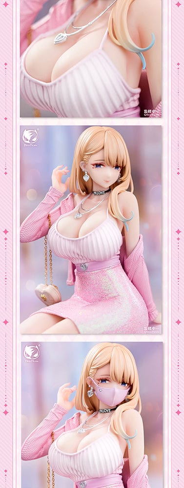 Home Tutor Asako Fuyuyama 1/6 scale figure, dressed in a shimmering pink outfit, seated elegantly on a stylish stool.