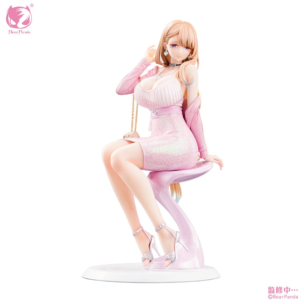 Home Tutor Asako Fuyuyama 1/6 scale figure, dressed in a shimmering pink outfit, seated elegantly on a stylish stool.