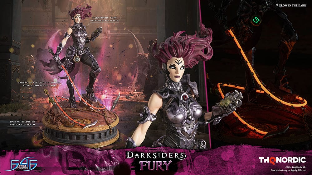 Darksiders III Fury limited edition statue featuring a female warrior in detailed armor, standing with a weapon on a decorative base, with flowing red hair and a fierce expression.