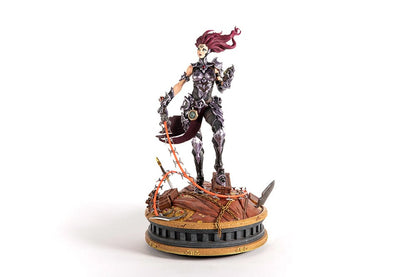 Darksiders III Fury limited edition statue featuring a female warrior in detailed armor, standing with a weapon on a decorative base, with flowing red hair and a fierce expression.