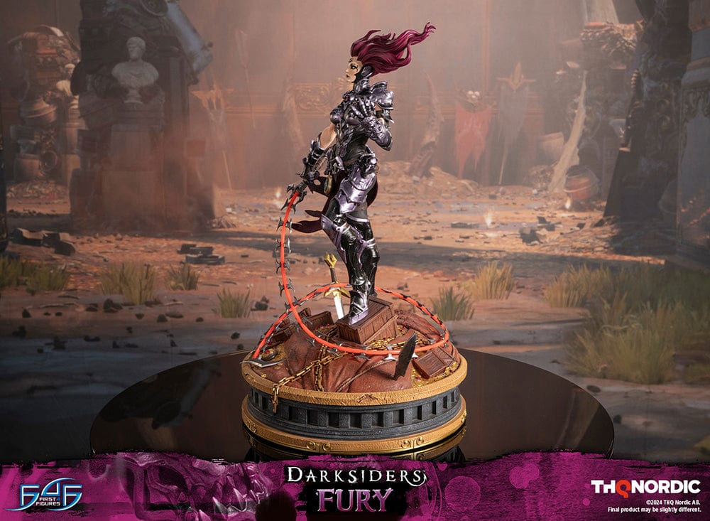 Darksiders III Fury limited edition statue featuring a female warrior in detailed armor, standing with a weapon on a decorative base, with flowing red hair and a fierce expression.