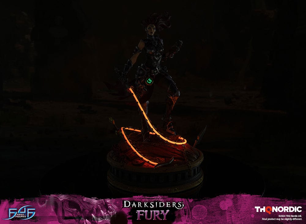 Darksiders III Fury limited edition statue featuring a female warrior in detailed armor, standing with a weapon on a decorative base, with flowing red hair and a fierce expression.