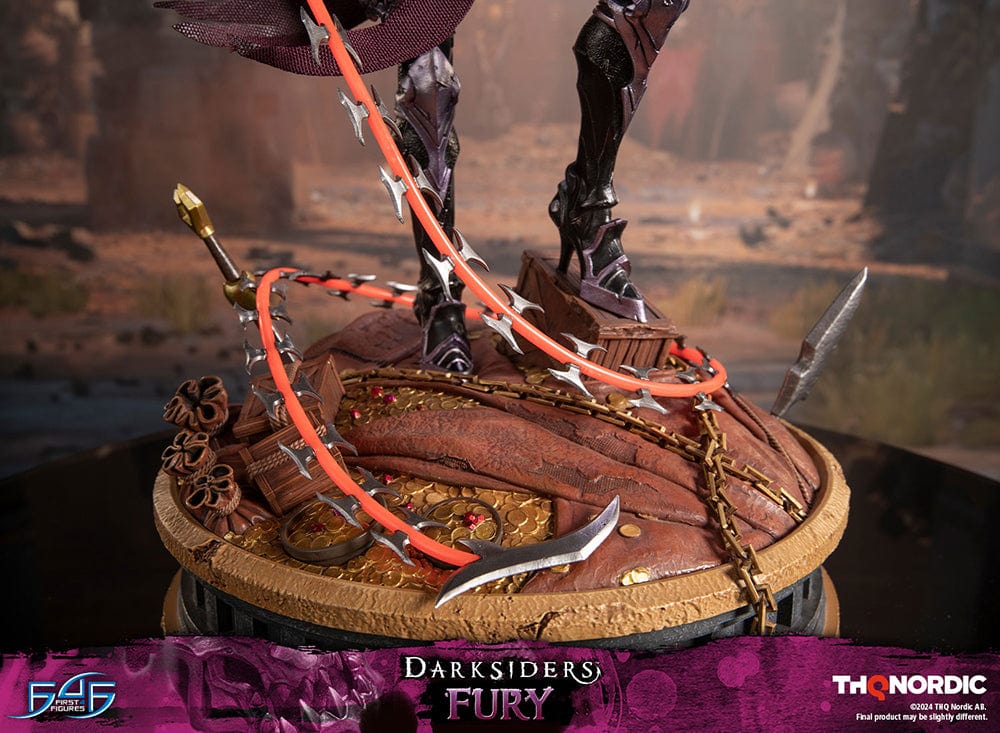 Darksiders III Fury limited edition statue featuring a female warrior in detailed armor, standing with a weapon on a decorative base, with flowing red hair and a fierce expression.