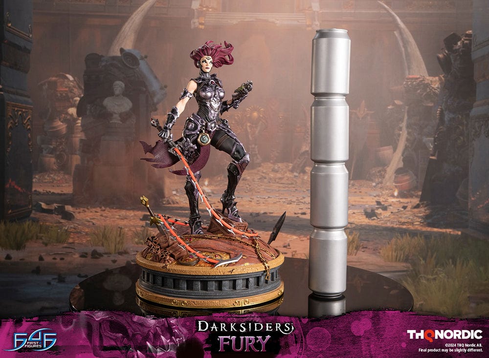 Darksiders III Fury limited edition statue featuring a female warrior in detailed armor, standing with a weapon on a decorative base, with flowing red hair and a fierce expression.