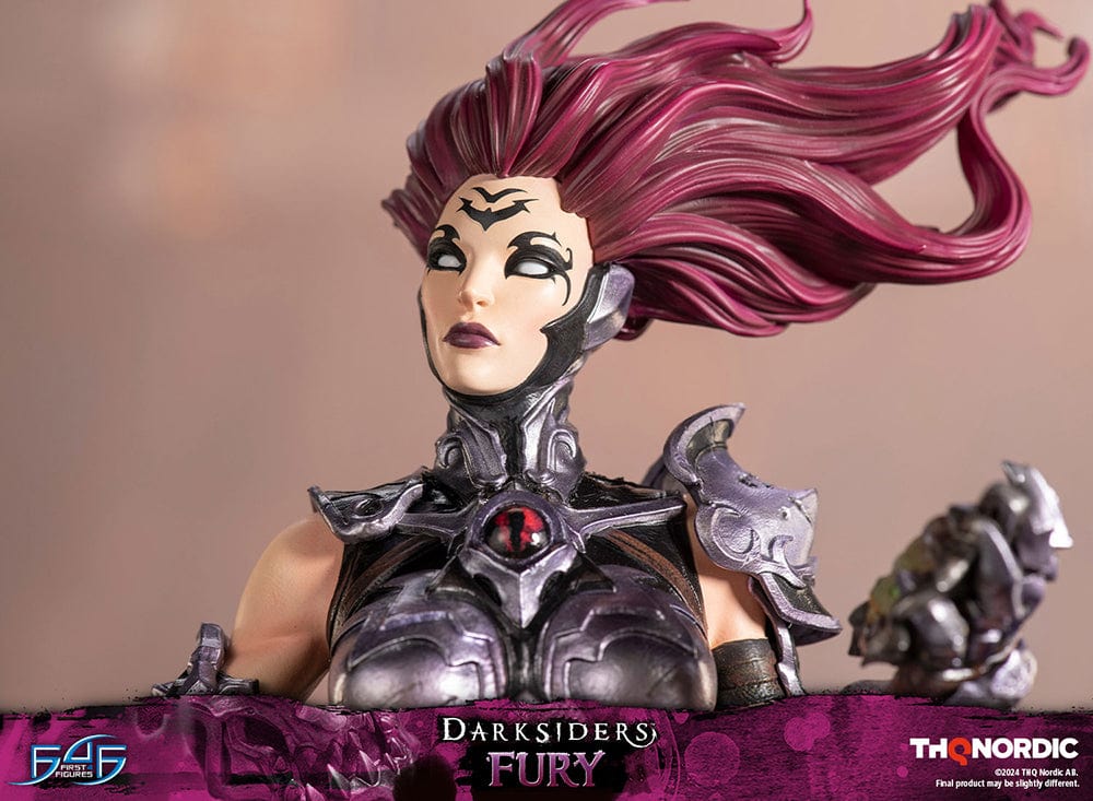 Darksiders III Fury limited edition statue featuring a female warrior in detailed armor, standing with a weapon on a decorative base, with flowing red hair and a fierce expression.