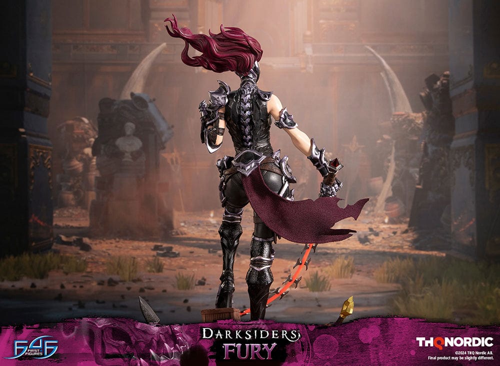 Darksiders III Fury limited edition statue featuring a female warrior in detailed armor, standing with a weapon on a decorative base, with flowing red hair and a fierce expression.