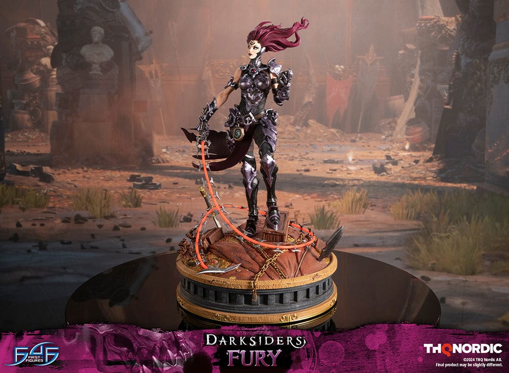 Darksiders III Fury limited edition statue featuring a female warrior in detailed armor, standing with a weapon on a decorative base, with flowing red hair and a fierce expression.