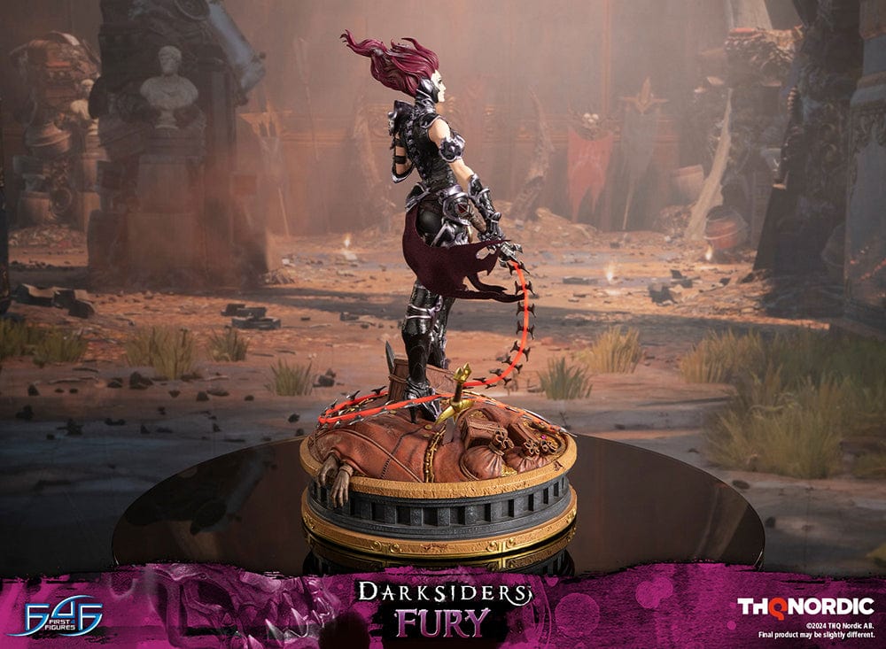 Darksiders III Fury limited edition statue featuring a female warrior in detailed armor, standing with a weapon on a decorative base, with flowing red hair and a fierce expression.