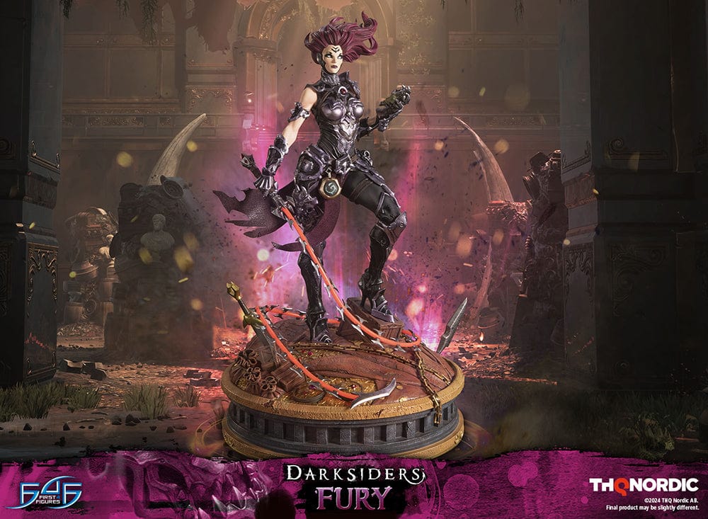 Darksiders III Fury limited edition statue featuring a female warrior in detailed armor, standing with a weapon on a decorative base, with flowing red hair and a fierce expression.