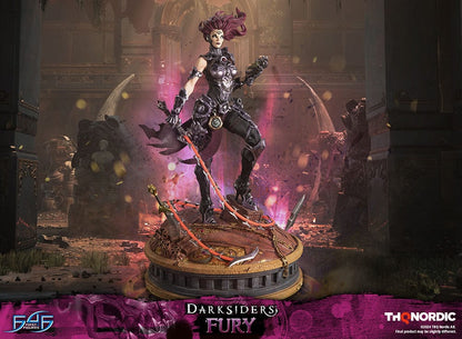 Darksiders III Fury limited edition statue featuring a female warrior in detailed armor, standing with a weapon on a decorative base, with flowing red hair and a fierce expression.