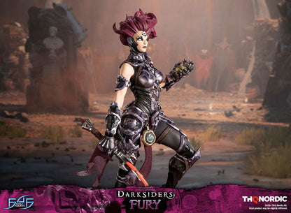 Darksiders III Fury limited edition statue featuring a female warrior in detailed armor, standing with a weapon on a decorative base, with flowing red hair and a fierce expression.