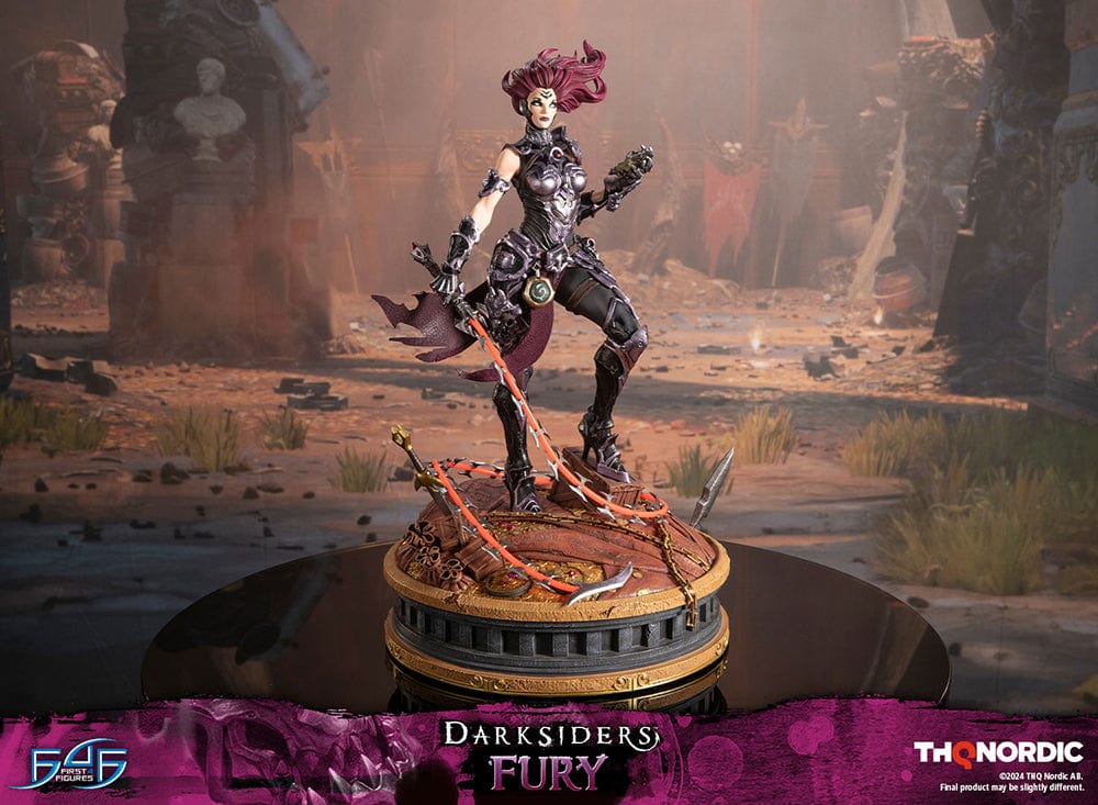 Darksiders III Fury limited edition statue featuring a female warrior in detailed armor, standing with a weapon on a decorative base, with flowing red hair and a fierce expression.