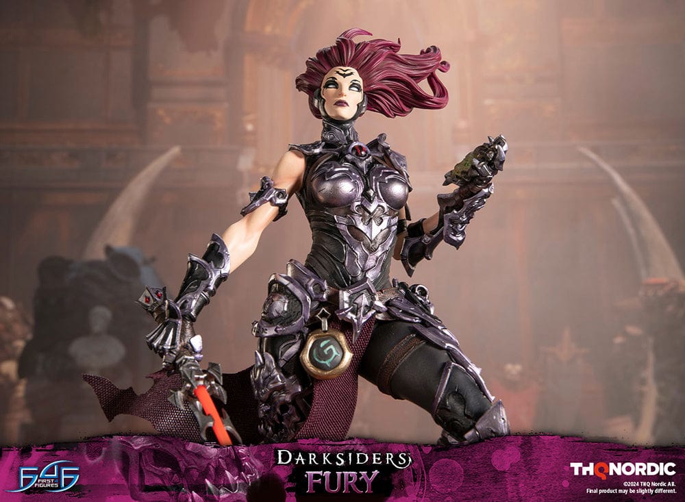 Darksiders III Fury limited edition statue featuring a female warrior in detailed armor, standing with a weapon on a decorative base, with flowing red hair and a fierce expression.