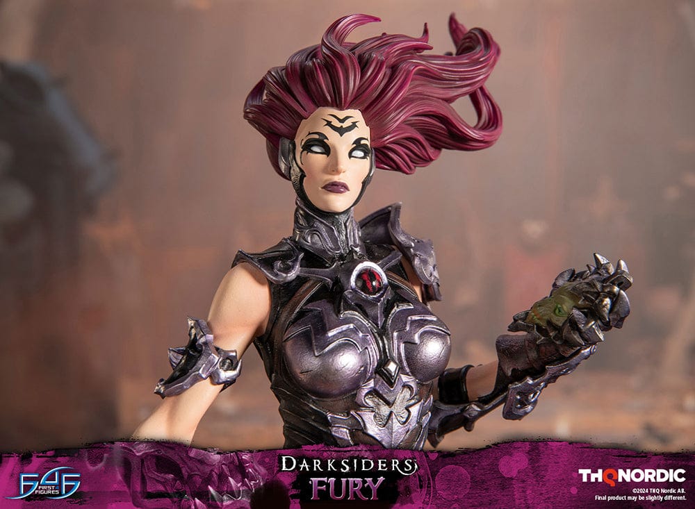 Darksiders III Fury limited edition statue featuring a female warrior in detailed armor, standing with a weapon on a decorative base, with flowing red hair and a fierce expression.