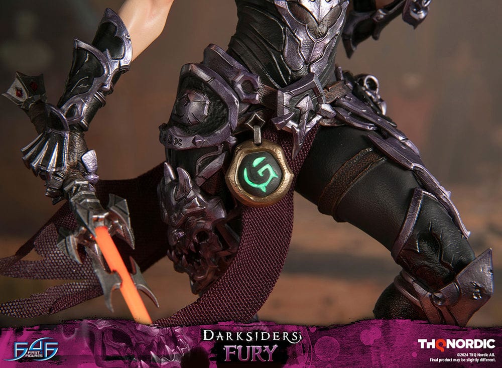 Darksiders III Fury limited edition statue featuring a female warrior in detailed armor, standing with a weapon on a decorative base, with flowing red hair and a fierce expression.