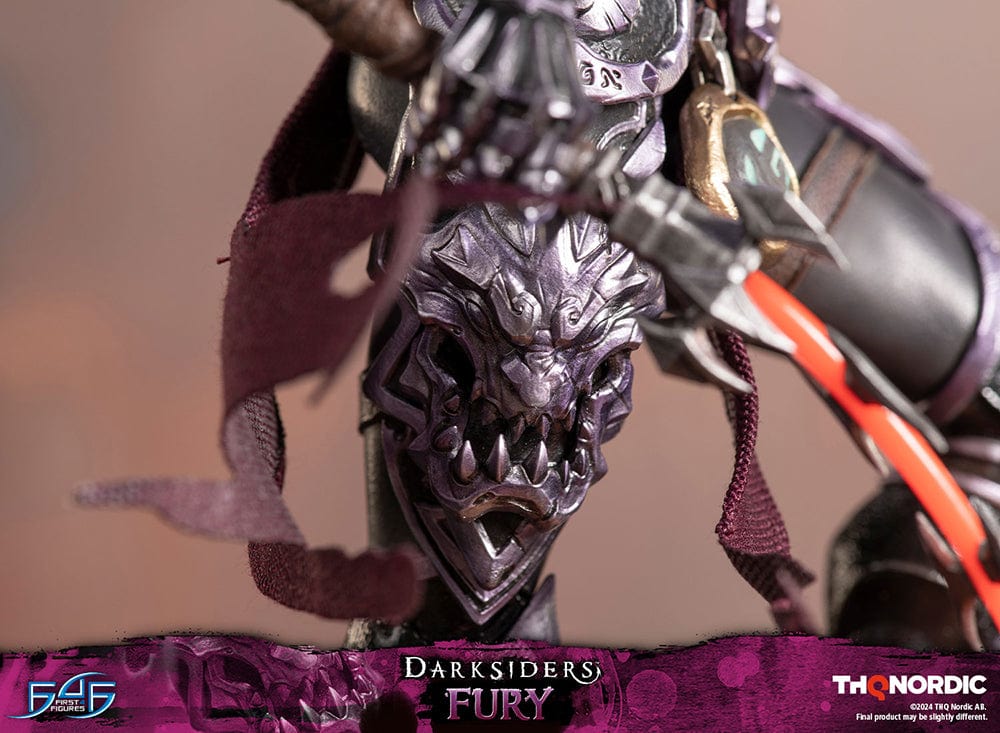 Darksiders III Fury limited edition statue featuring a female warrior in detailed armor, standing with a weapon on a decorative base, with flowing red hair and a fierce expression.