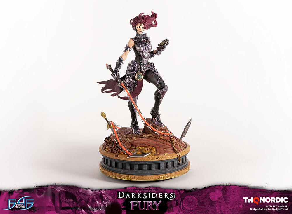 Darksiders III Fury limited edition statue featuring a female warrior in detailed armor, standing with a weapon on a decorative base, with flowing red hair and a fierce expression.