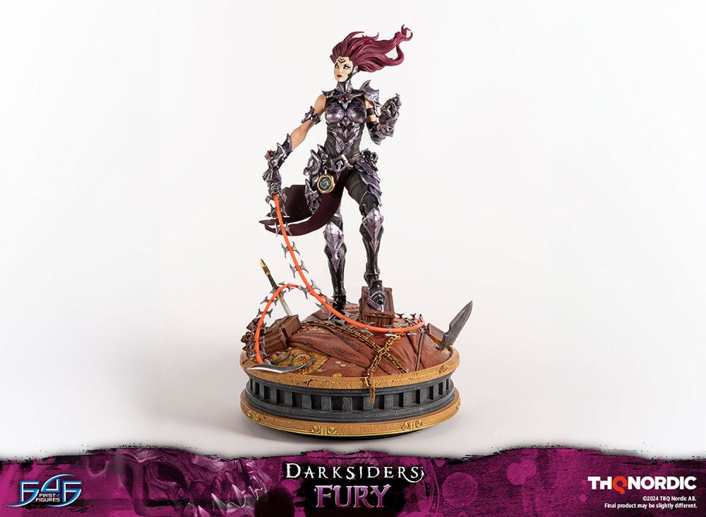 Darksiders III Fury limited edition statue featuring a female warrior in detailed armor, standing with a weapon on a decorative base, with flowing red hair and a fierce expression.