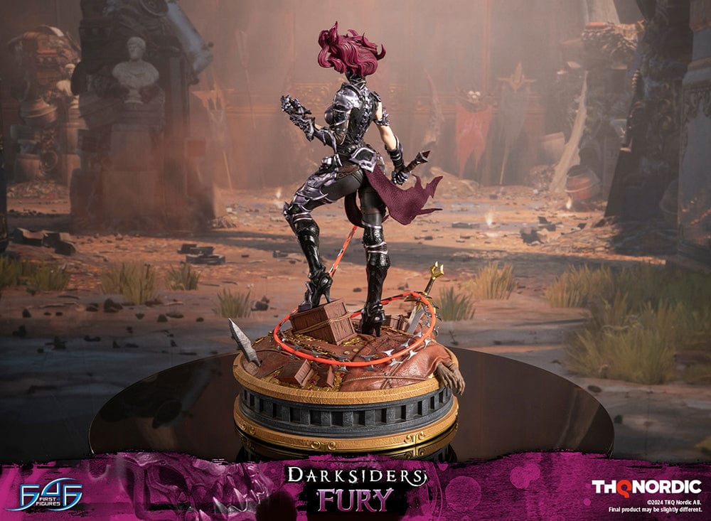 Darksiders III Fury limited edition statue featuring a female warrior in detailed armor, standing with a weapon on a decorative base, with flowing red hair and a fierce expression.