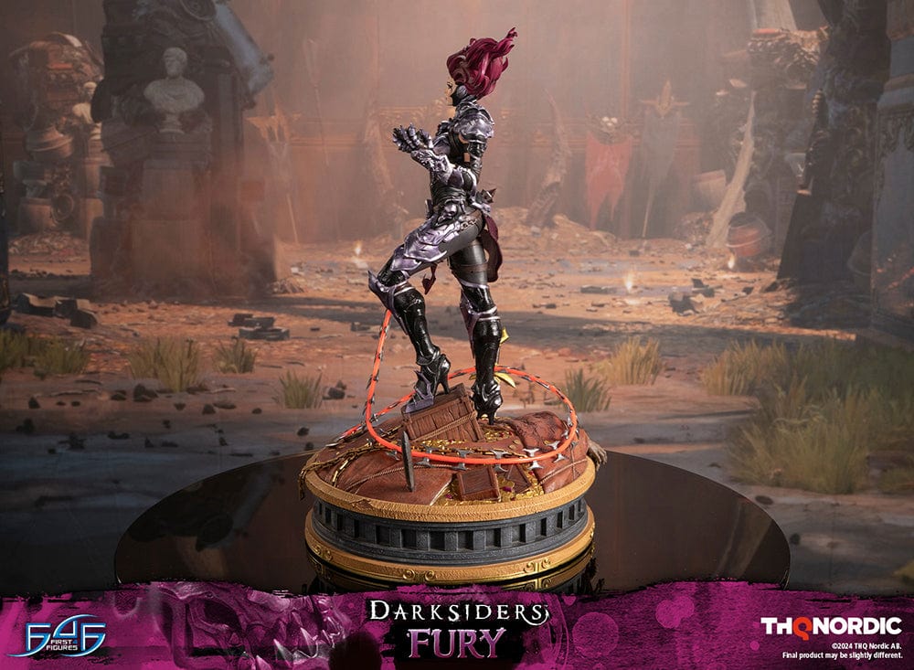 Darksiders III Fury limited edition statue featuring a female warrior in detailed armor, standing with a weapon on a decorative base, with flowing red hair and a fierce expression.