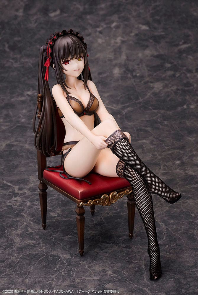 Date A Bullet Kurumi Tokisaki 1/7 Scale Figure seated on a red velvet chair, wearing black lingerie with long black hair and heterochromatic eyes.