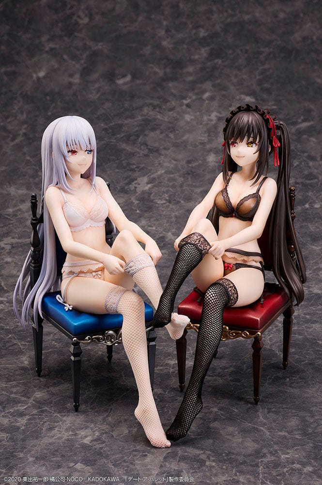 Date A Bullet Kurumi Tokisaki 1/7 Scale Figure seated on a red velvet chair, wearing black lingerie with long black hair and heterochromatic eyes.