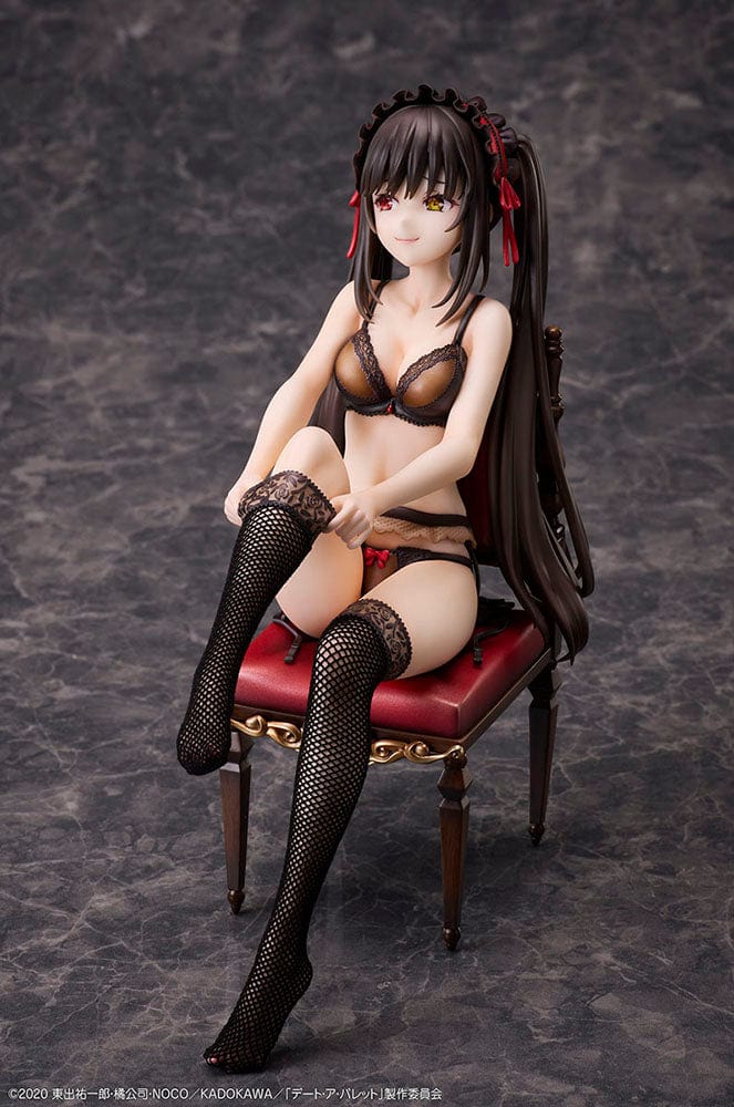 Date A Bullet Kurumi Tokisaki 1/7 Scale Figure seated on a red velvet chair, wearing black lingerie with long black hair and heterochromatic eyes.