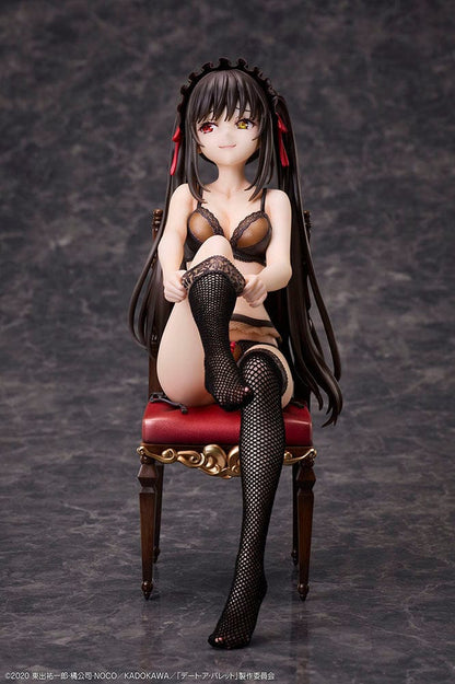 Date A Bullet Kurumi Tokisaki 1/7 Scale Figure seated on a red velvet chair, wearing black lingerie with long black hair and heterochromatic eyes.