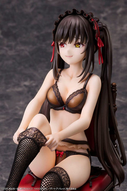 Date A Bullet Kurumi Tokisaki 1/7 Scale Figure seated on a red velvet chair, wearing black lingerie with long black hair and heterochromatic eyes.