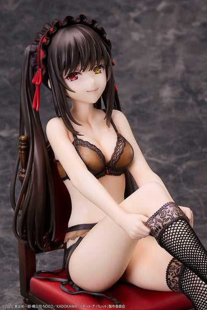 Date A Bullet Kurumi Tokisaki 1/7 Scale Figure seated on a red velvet chair, wearing black lingerie with long black hair and heterochromatic eyes.