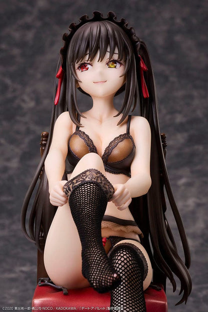 Date A Bullet Kurumi Tokisaki 1/7 Scale Figure seated on a red velvet chair, wearing black lingerie with long black hair and heterochromatic eyes.