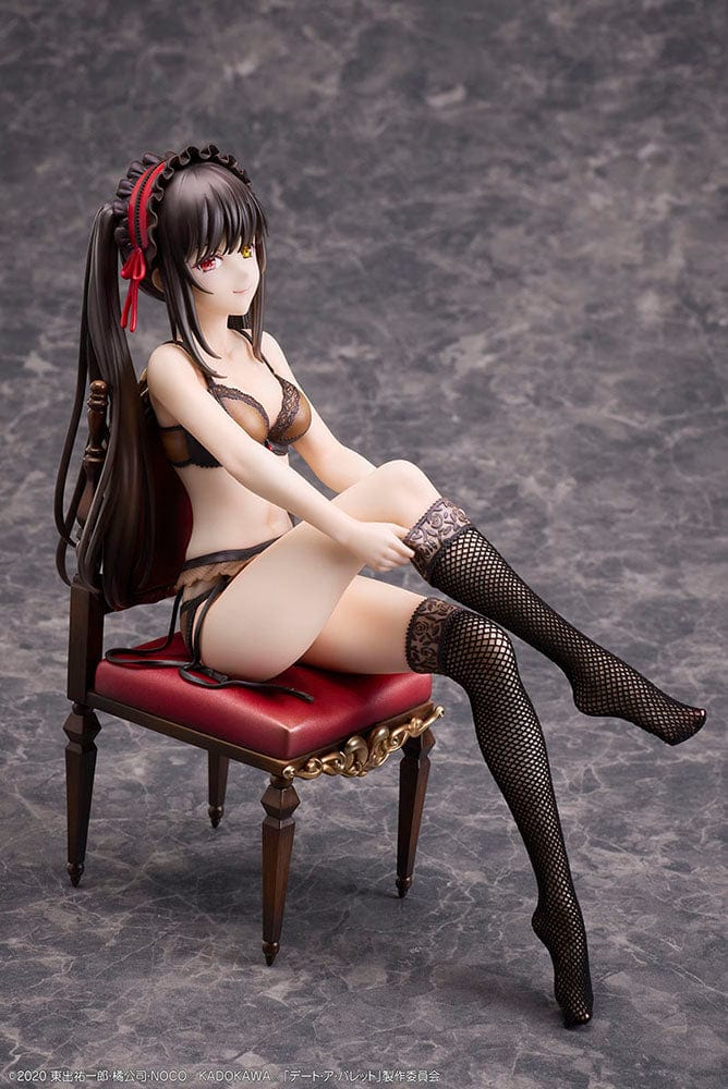 Date A Bullet Kurumi Tokisaki 1/7 Scale Figure seated on a red velvet chair, wearing black lingerie with long black hair and heterochromatic eyes.