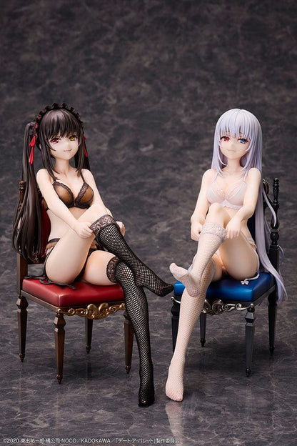 Date A Bullet Kurumi Tokisaki 1/7 Scale Figure seated on a red velvet chair, wearing black lingerie with long black hair and heterochromatic eyes.