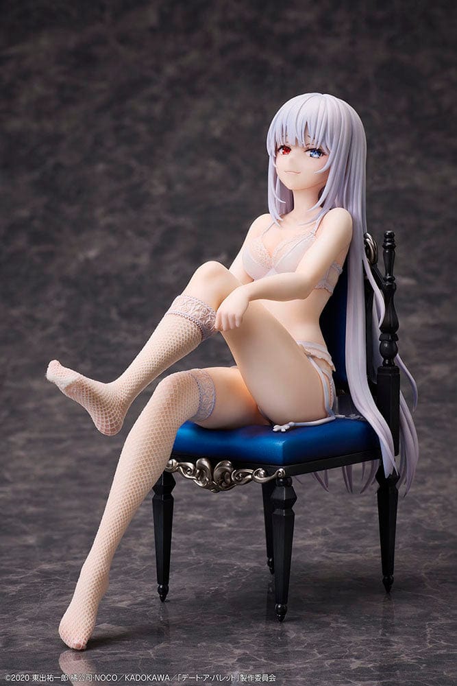 Date A Bullet Kurumi Tokisaki & White Queen 1/7 Scale Figure Set featuring both characters seated in elegant lingerie outfits on red and blue chairs.