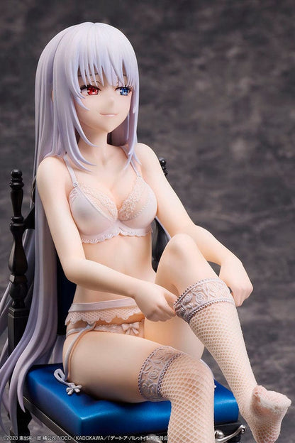 Date A Bullet White Queen 1/7 Scale Figure seated on a luxurious chair, dressed in delicate white lingerie with flowing silver hair.