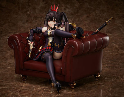 "Figure of Kurumi Tokisaki from Date A Live, dressed as an empress in a black and red dress with gold accents, reclining on a brown Chesterfield sofa, with a crown on her head and a flintlock pistol in hand, exuding a playful yet regal aura."