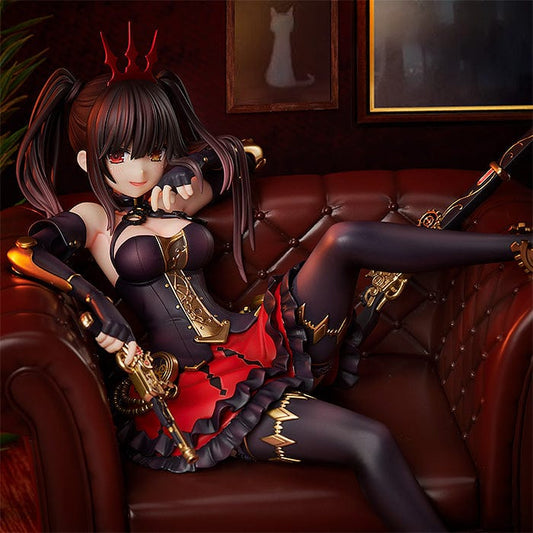 "Figure of Kurumi Tokisaki from Date A Live, dressed as an empress in a black and red dress with gold accents, reclining on a brown Chesterfield sofa, with a crown on her head and a flintlock pistol in hand, exuding a playful yet regal aura."