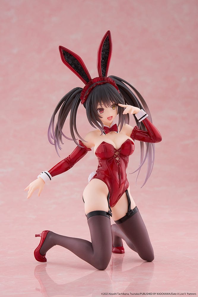 Date A Live V Desktop Cute Kurumi Tokisaki Bunny Ver. Figure, featuring Kurumi in a seductive red bunny outfit with knee-high stockings and bunny ears.