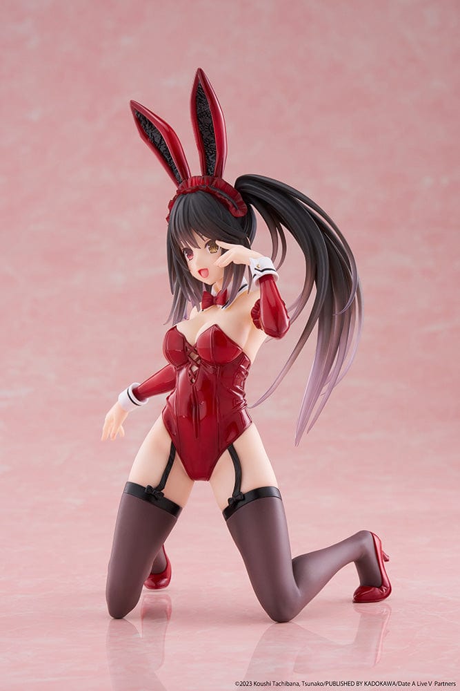 Date A Live V Desktop Cute Kurumi Tokisaki Bunny Ver. Figure, featuring Kurumi in a seductive red bunny outfit with knee-high stockings and bunny ears.